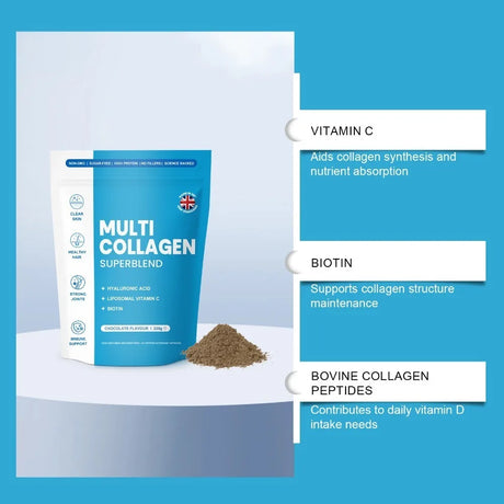 Hydrolyzed Multi Collagen Powder with Hyaluronic Acid, Liposomal Vitamin C Biotin and Grape Seed Extract Chocolate Formula 220g