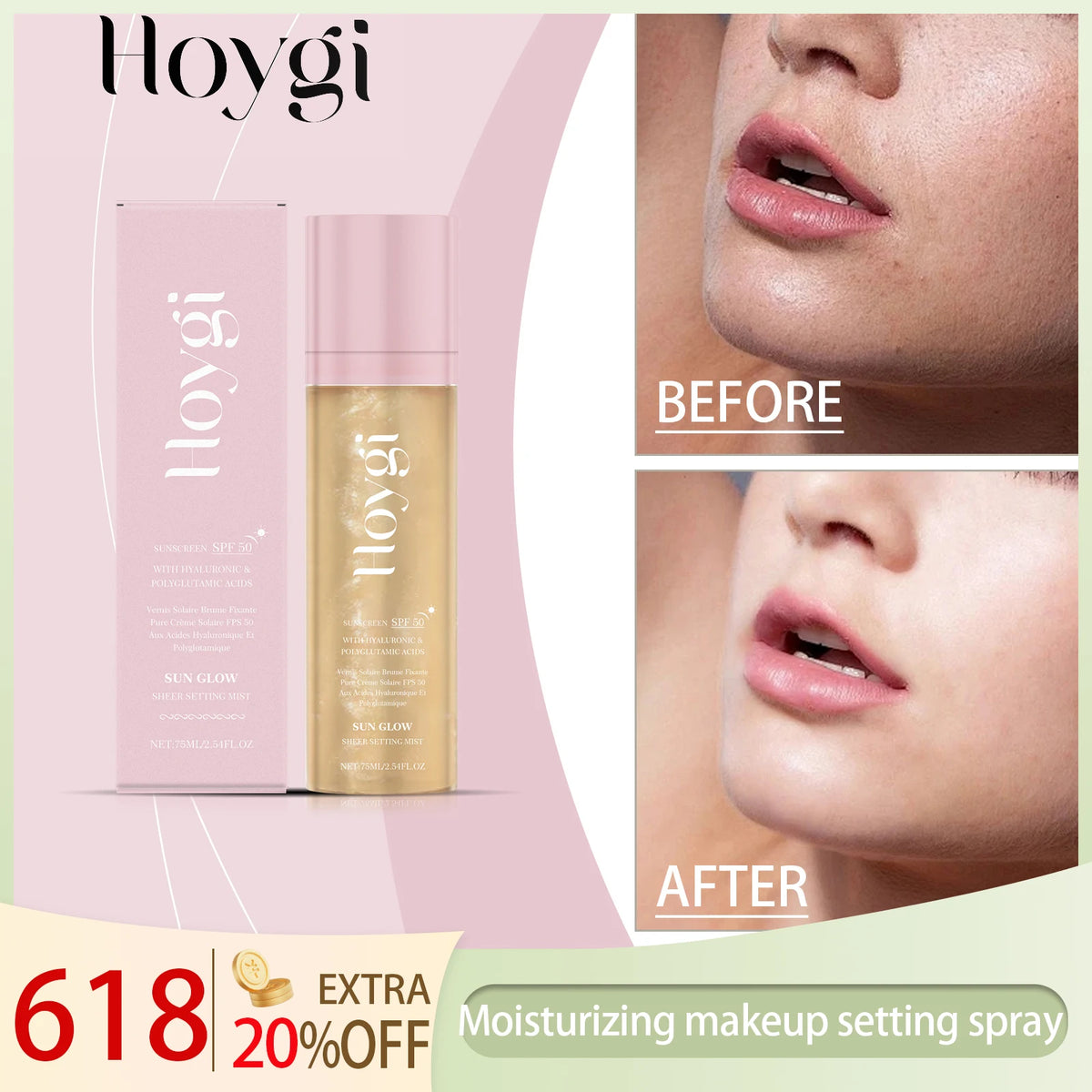 Hoygi 75ML SPF 50 Sheer Setting Mist Hydrating Glow Mist with Shimmering Oil Reef Safe for Face Body Non Greasy Fast Absorbing