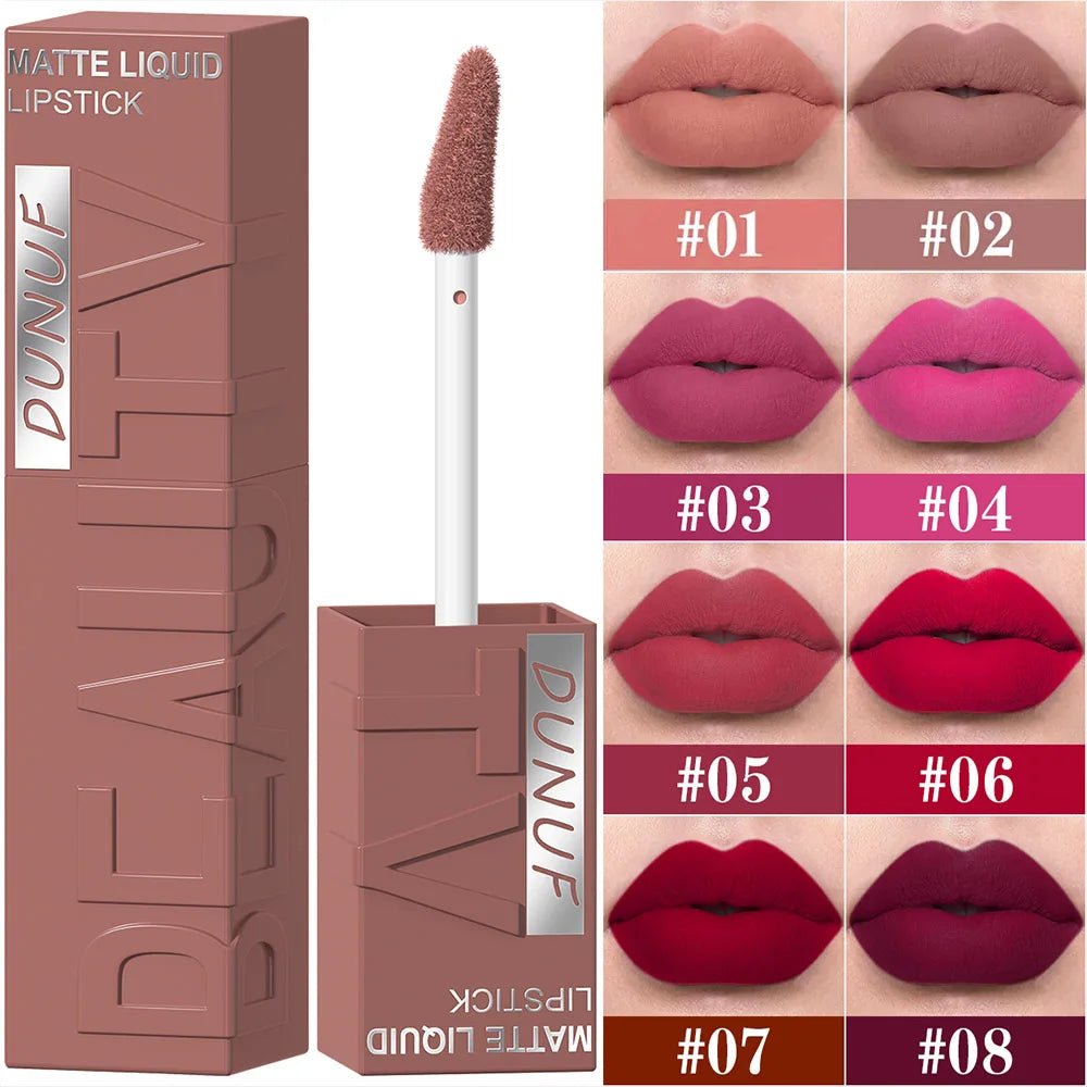 DUNUF 8-Color Matte Velvet Smooth Easy-to-Apply Square Tube Lip Gloss Waterproof Three-Dimensional Plumping Lipstick