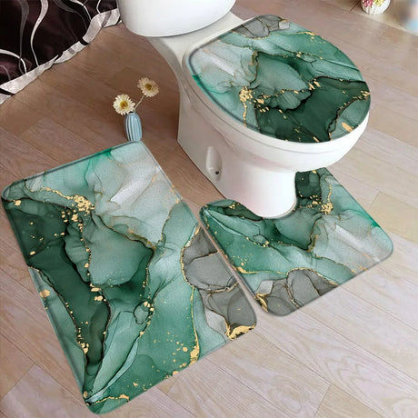 Abstract Turquoise Marble Bath Mat Set Modern Ink Art Textured Pattern Home Carpet Bathroom Decor Floor Rugs Toilet Lid Cover