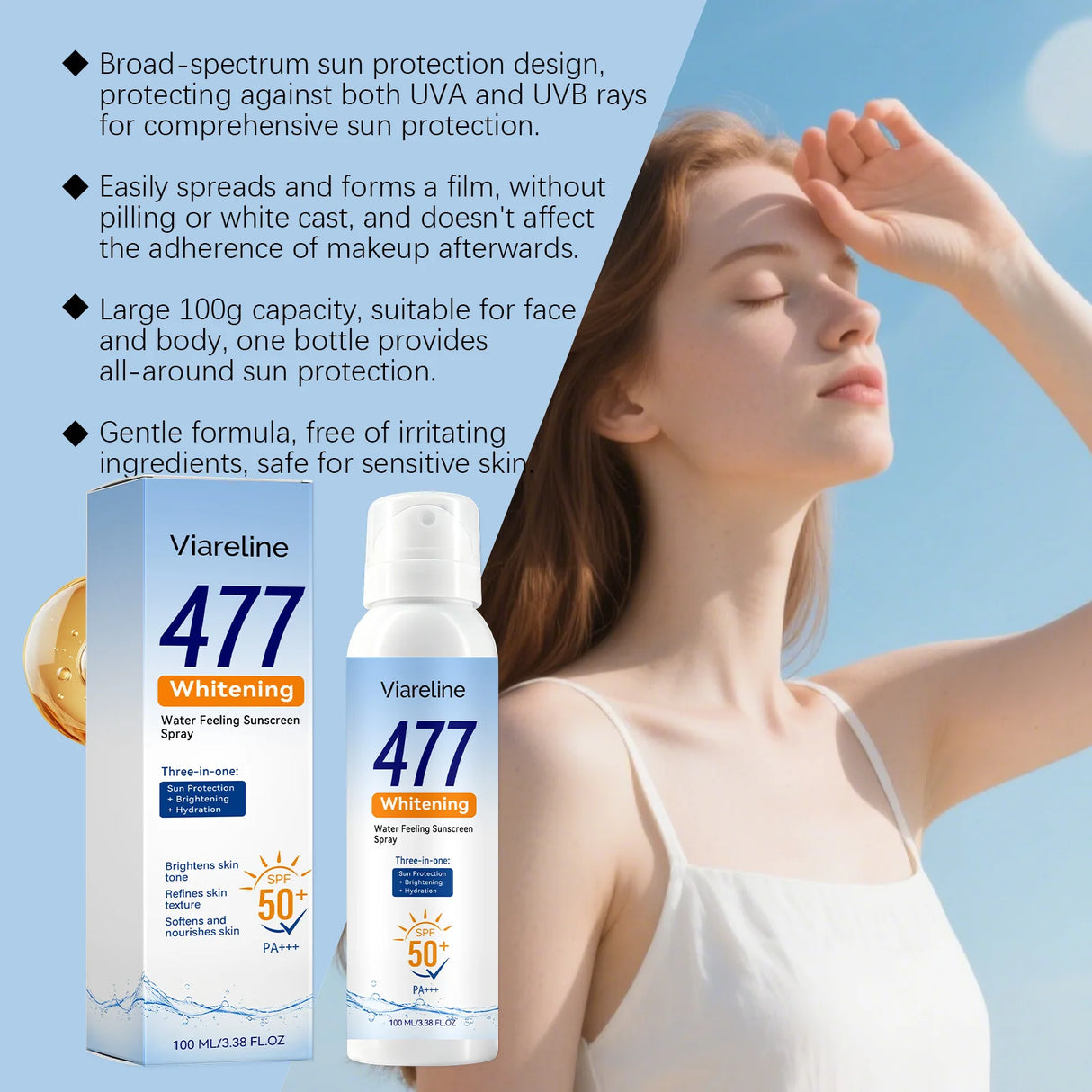 Whitening Sunscreen Spray SPF50+ Lasting Anti UV Lightweight Refreshing Clear Waterproof Water Feeling Hydrating Sun Care Mist
