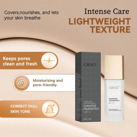 GROEI Changing Foundation SPF 15 - 30ml Adaptive Color Makeup, Auto-Match Your Skin Tone, Lightweight Cover Blemishes & Redness