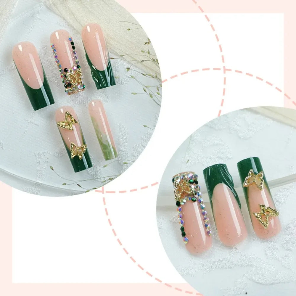 24Pcs Green French Golden Butterfly Square Press On Nails,Reusable Removable,For Daily Wear,High Quality Nail Art, Free Shipping