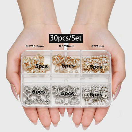 30/60pcs/Box 3D Luxury Metal Nail Art Decorations Alloy Shiny Rhinestones Pearl Gems Zircon Diamond Charms DIY Nail Accessories