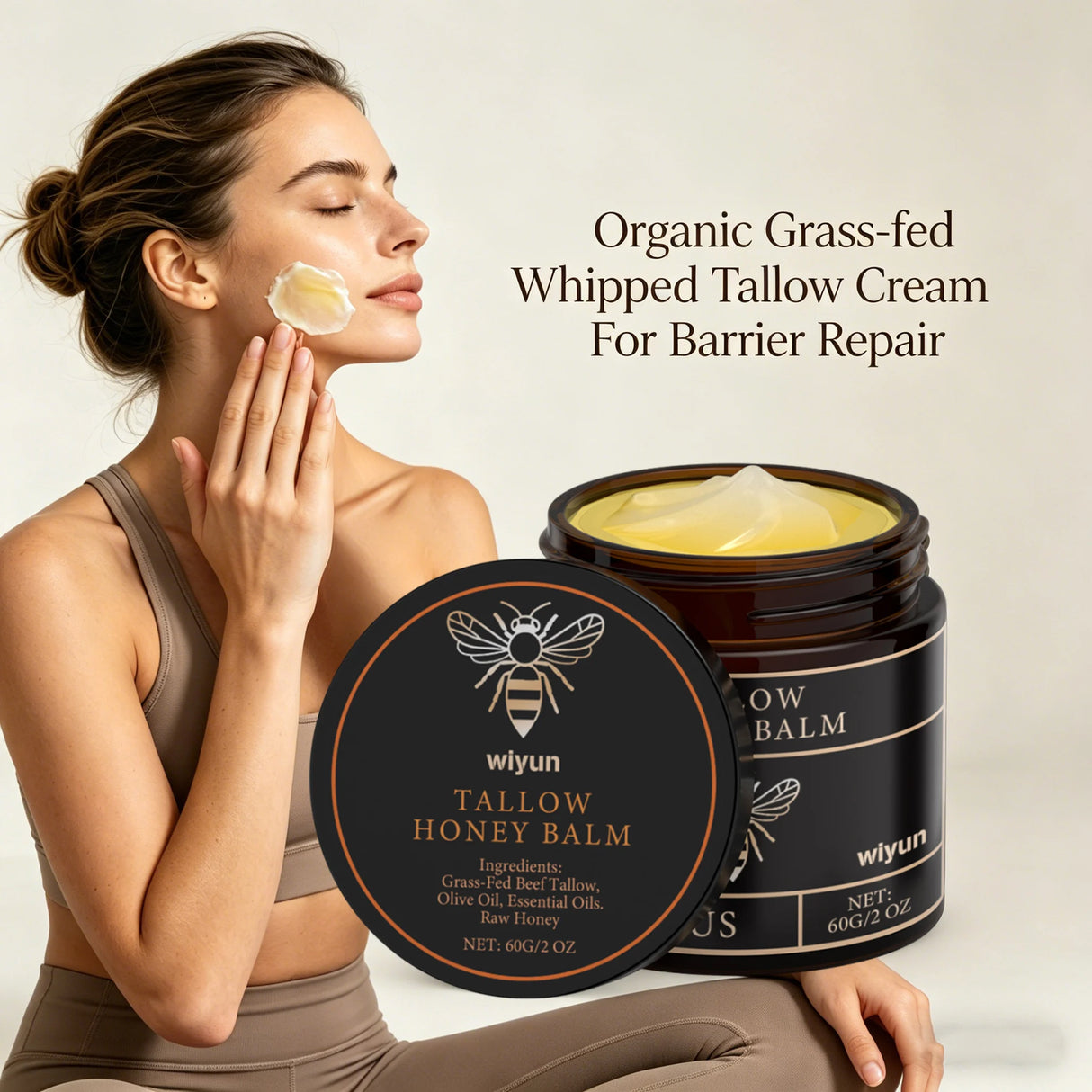 Organic Grass-fed Tallow Cream Relieves Dryness Calms Visible Redness Eczma Softens Rough Cracked Dewy Glow Barrier Repair Cream