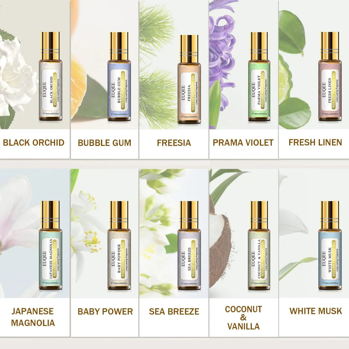 EUQEE 10 Bottles Women Fragrance Oil Gift Set Bubble Gum Jadore White Musk 10ml Roller Fragrance Oil For Diffuser Top Selling