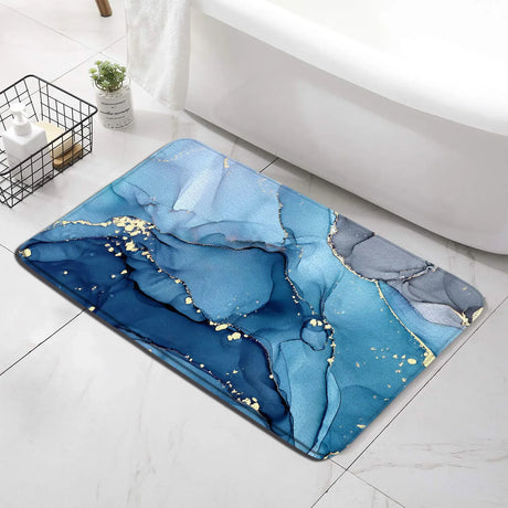 Abstract Turquoise Marble Bath Mat Set Modern Ink Art Textured Pattern Home Carpet Bathroom Decor Floor Rugs Toilet Lid Cover
