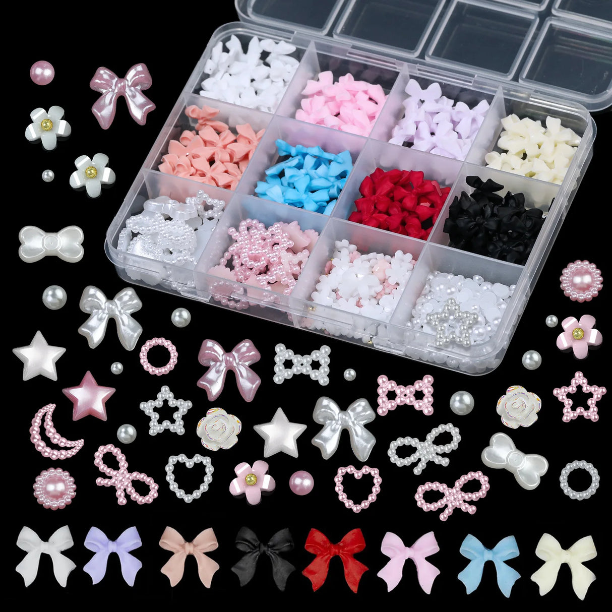 12Grids/Box 3D Mixed Bowknot Pearl Heart Nail Charms Flatback Resin Flower,Star,Moon Nail Rhinestones DIY Nail Art Decorations &
