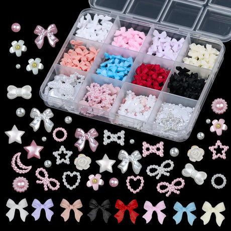 12Grids/Box 3D Mixed Bowknot Pearl Heart Nail Charms Flatback Resin Flower,Star,Moon Nail Rhinestones DIY Nail Art Decorations &