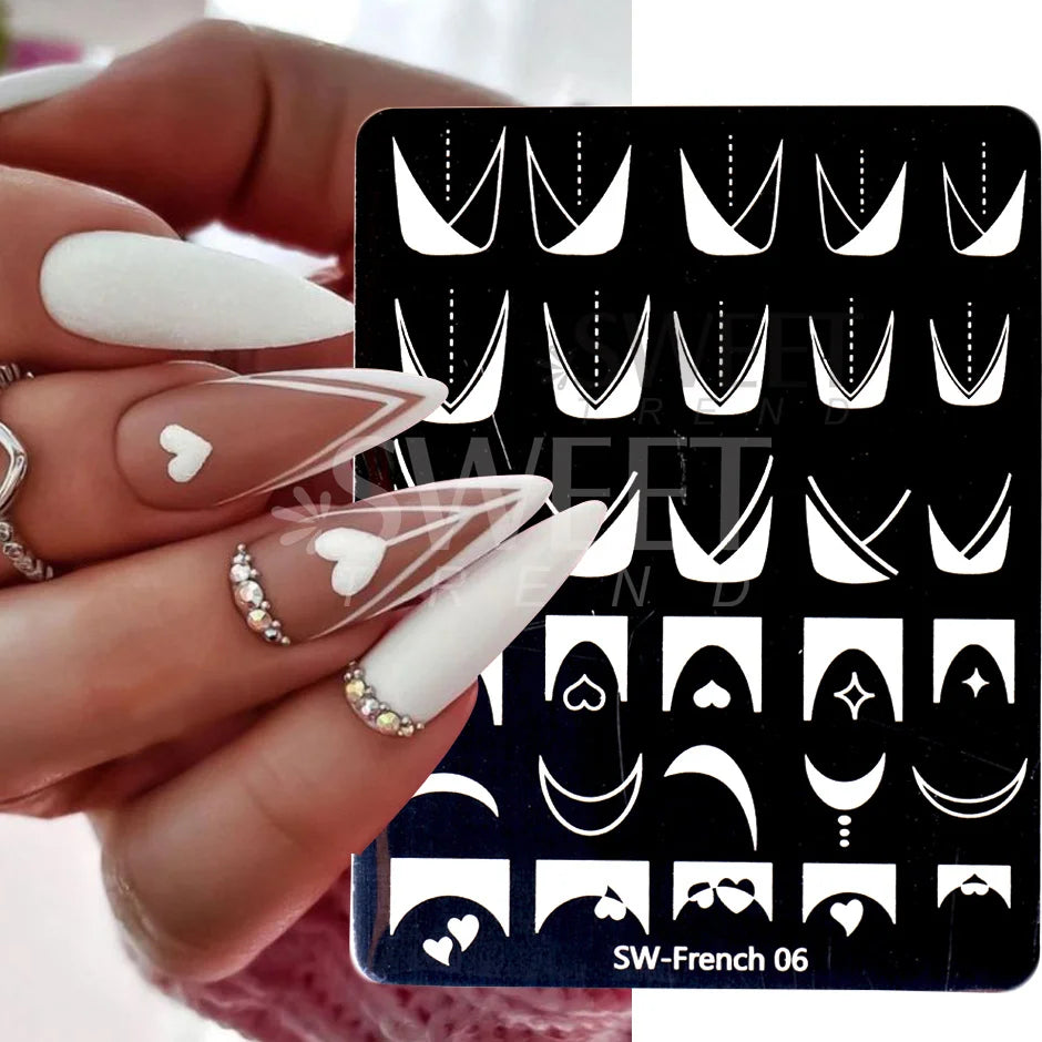 French Line Nail Stamping Plates Love Heart Flower Leaf Mold Steel Geometry Nail Art Gel Printing Stencils Template Tools Decor
