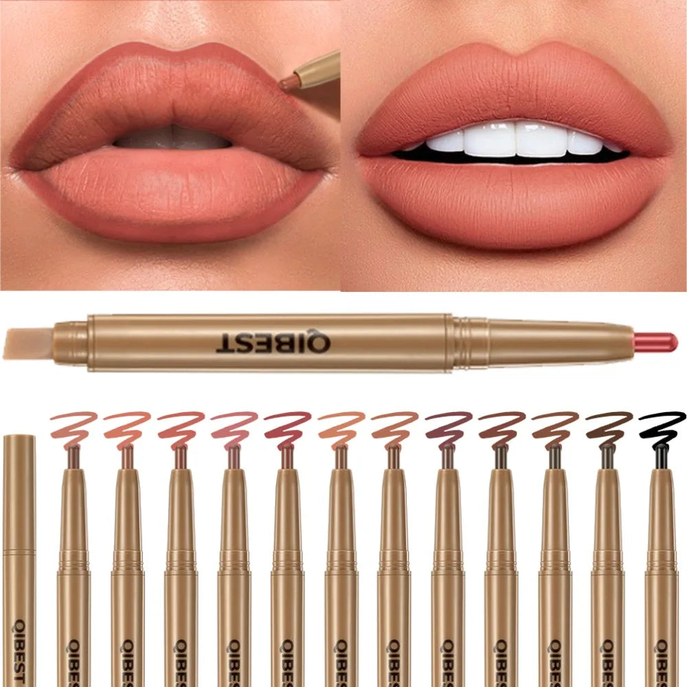 Double Head Black Lip Liner&Brush Pen Mist Matte Velvet Contour Tint Lipstick Pencil Long Lasting Nude Brown Natural Lip Makeup