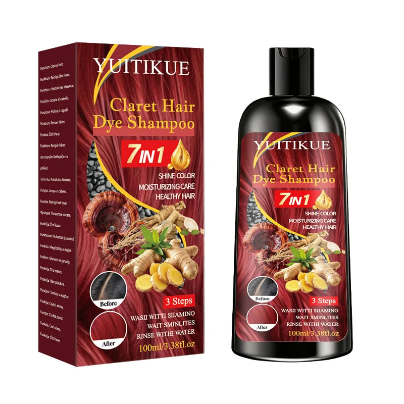 YUITIKUE 100ml Claret Hair Dye Shampoo, 7IN 1 Quick Coloring, Moisturizing Care with Natural Ingredients for Shiny, Healthy Hair