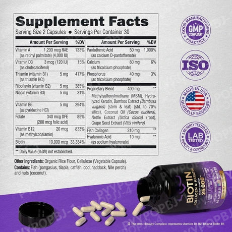 Biotin Capsules Contain Collagen and Vitamin B2, B3, B6 & B7 for Women Men Hair Care Supplements Skin & Nails Support 60 Pieces