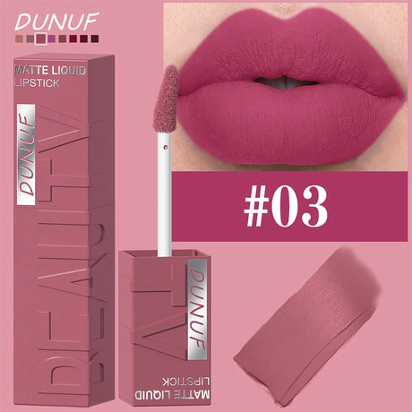 DUNUF 8-Color Matte Velvet Smooth Easy-to-Apply Square Tube Lip Gloss Waterproof Three-Dimensional Plumping Lipstick
