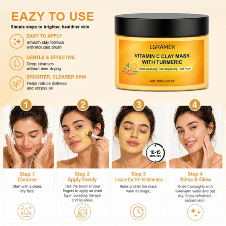 120g Turmeric Clay Mask, Deep Cleansing Formula, Effectively Controls Oil, Tightens Pores, Fades Dull Complexion and Rough Skin