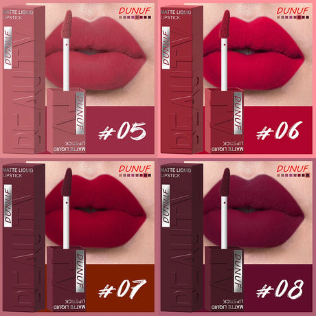DUNUF 8-Color Matte Velvet Smooth Easy-to-Apply Square Tube Lip Gloss Waterproof Three-Dimensional Plumping Lipstick