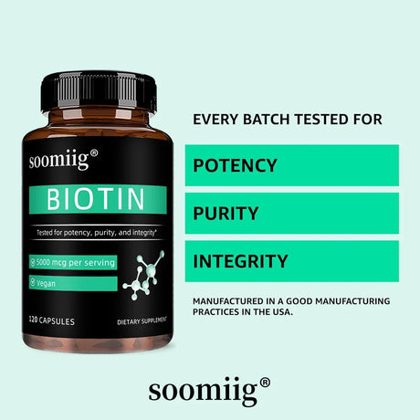 Vegan Biotin Supplement 5000 Mcg, Hair, Skin, Nails and Supports Normal Brain Function and Cognitive Abilities - 120 Capsules