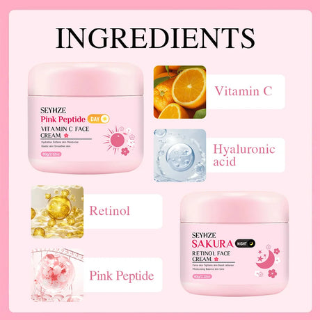 SEYHZE Sakura Day And Night Cream Rich in Retinol + Vitamin C/E Hyaluronic Acid Firming Skin 48H Hydration Brightening Uniform L
