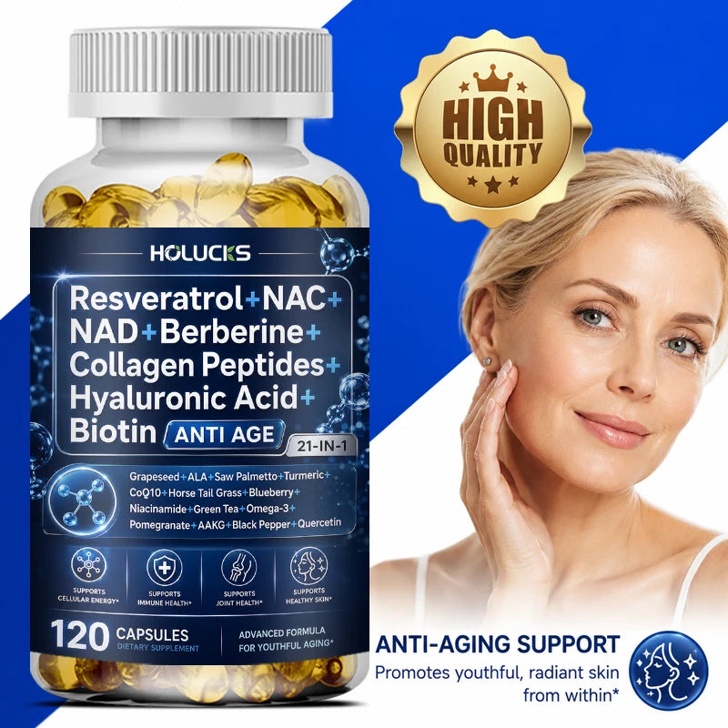 Resveratrol+NAC+NAD+Collagen Peptides+Hyaluronic Acid+Biotin Capsules, Boost Energy & Focus, Anti-Aging, Cellular Vitality