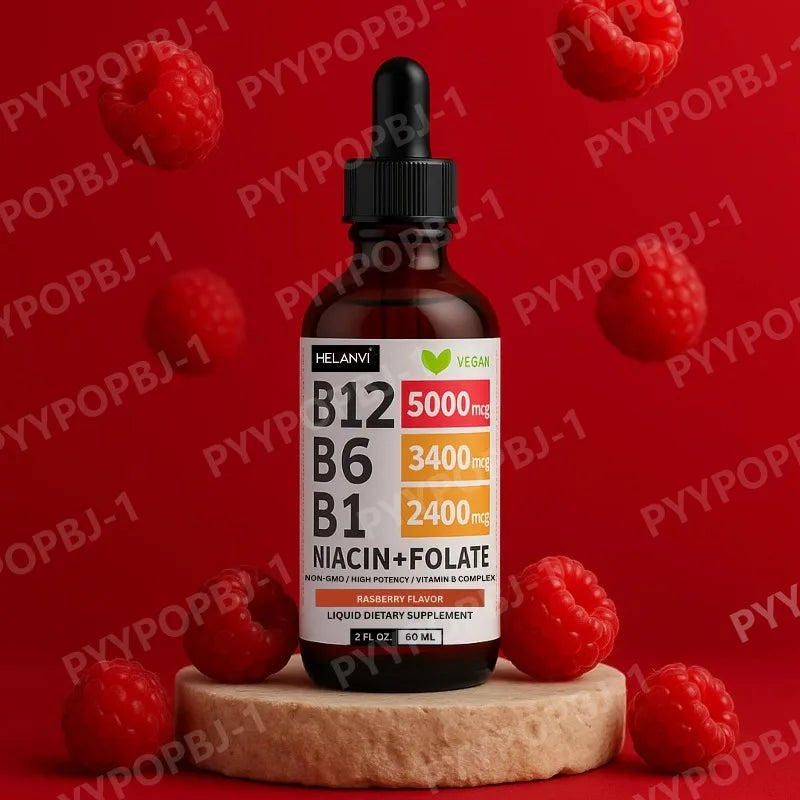 Vitamin B12 Liquid Drops 60ml Raspberry Flavor with Vitamin B6+B1 Etc Multivitamin Support Energy Recovery & Brain,Heart Health