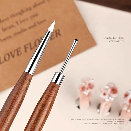 2Pcs Silicone Nail Art Carving Pen Double-Ended Nail Sculpting Tool with Wooden Handle for 3D Gel Modeling Painting and Design
