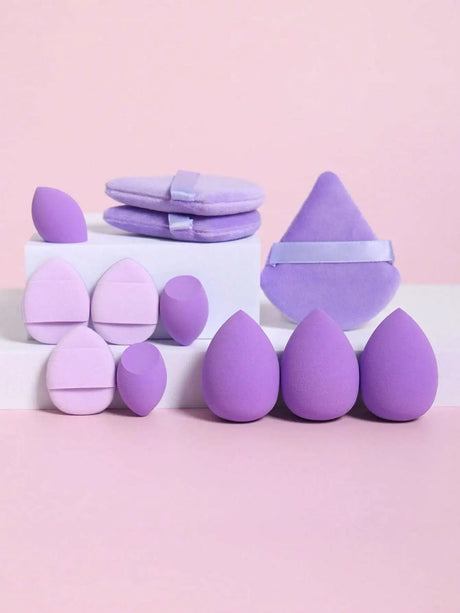 12pcs All-Purpose Makeup Sponges Set Consisting Of 3 Triangular Powder Puffs, 3 Mini Air Cushion Powder Puffs, 3 Water Drop Shaped Makeup Sponge, And 3 Mini Makeup Sponge. Suitable For Liquid Foundation, Powder Foundation, An
