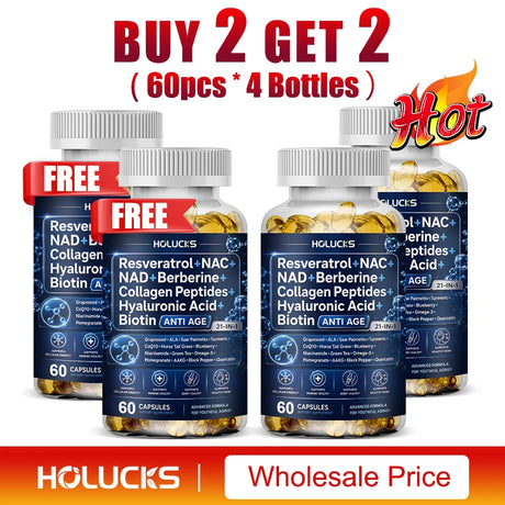 Resveratrol+NAC+NAD+Collagen Peptides+Hyaluronic Acid+Biotin Capsules, Boost Energy & Focus, Anti-Aging, Cellular Vitality