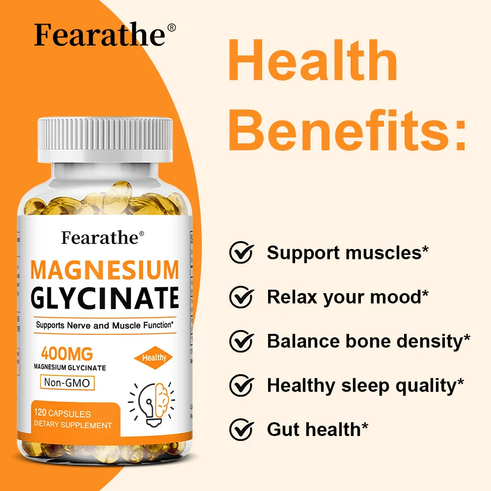 Magnesium Glycinate 400mg Capsules, Support Muscle, Bone, Heart, Nerve, Sleep Quality & Immune System Health, Non-GMO