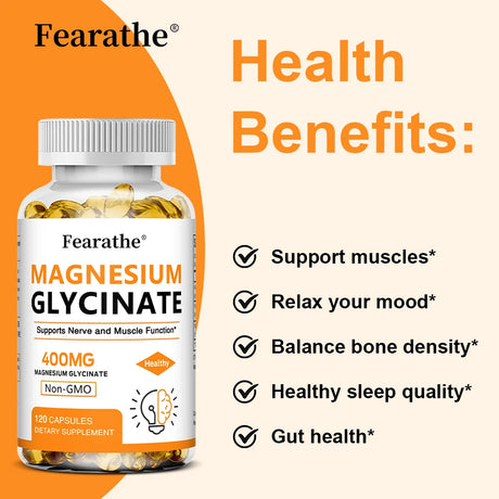Magnesium Glycinate 400mg Capsules, Support Muscle, Bone, Heart, Nerve, Sleep Quality & Immune System Health, Non-GMO
