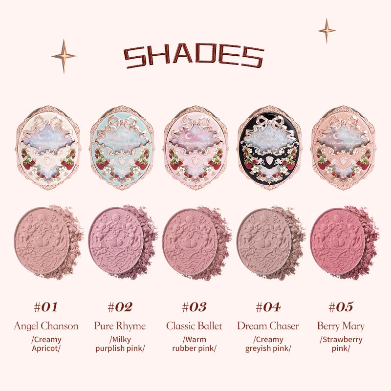 Flower Knows Strawberry Rococo Blush 02 Embossed Blush Face Makeup Matte Shimmer Waterproof Natural Nude Brightening Cheek