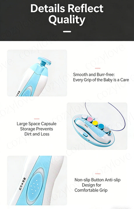 Electric Baby Nail Trimmer Set with 6 Grinding Heads | Safe Infant Nail File for Newborns & Toddlers, 4 Color Options