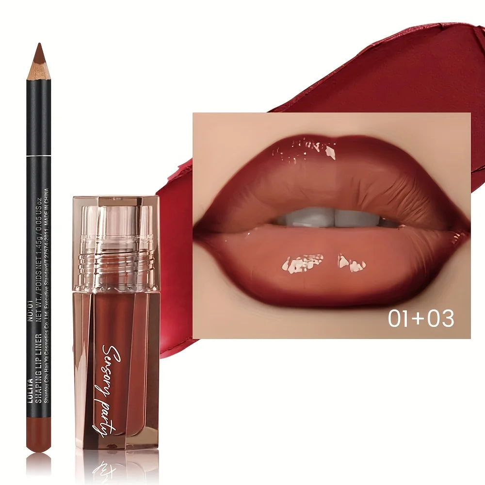 2 PCS Moisturizing lip gloss and lip liner set - 3D precise lip shaping for a perfect gradient lip look.