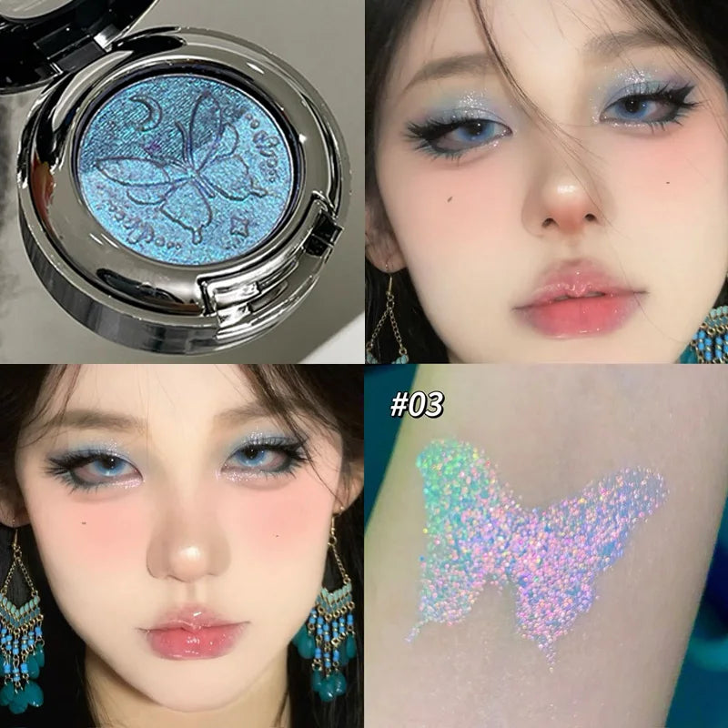 3D Butterfly Embossing Chameleon Eyeshadow Monochrome Metallic Changing Shiny Glitter Blue Purple Highlight Eye Makeup Festivals