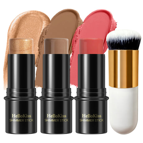 4pcs Contour Stick Set, Highlighter, Blush & Bronzer with Highlight Brush Long-Lasting, Perfect for Halloween & Graduation Gifts
