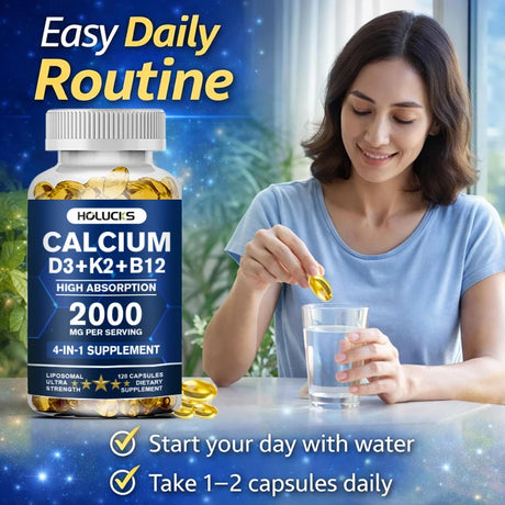 HOLUCKS Calcium D3+K2+B12 Capsules, with Calcium & Vitamin D3, Support Bone, Muscle & Heart Health