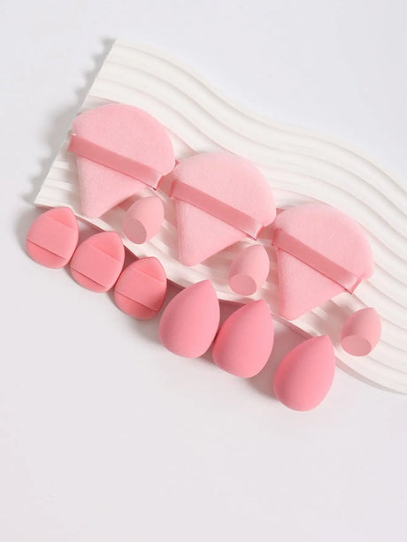12pcs All-Purpose Makeup Sponges Set Consisting Of 3 Triangular Powder Puffs, 3 Mini Air Cushion Powder Puffs, 3 Water Drop Shaped Makeup Sponge, And 3 Mini Makeup Sponge. Suitable For Liquid Foundation, Powder Foundation, An