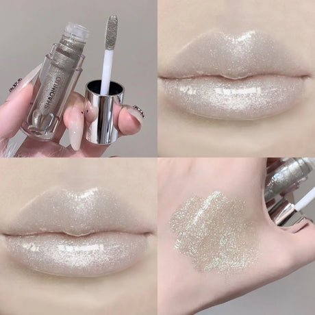 SHAQINUO Water Light Mirror Lip Gloss Lasting Moisturizing Cool Black Silver Gray Pearlescent Fine Sparkling Lipstick Lip Oil
