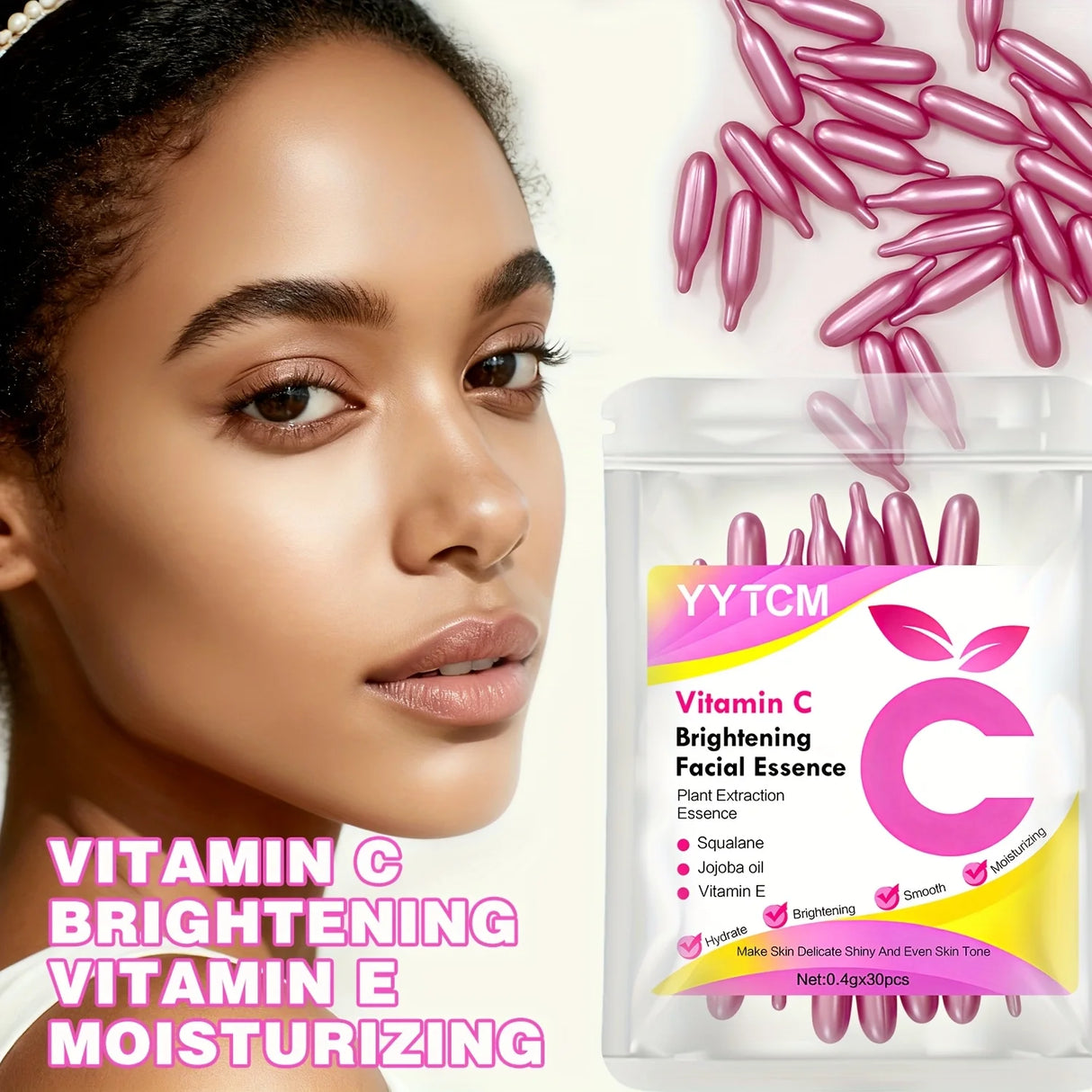 Vitamin C Skin-Brightening and Moisturizing Capsule Essence, Hydrates and Smooths the Skin, Contains Plant-Based Squalane, Vitamin E, Magnolia Oil, and Jojoba Seed Oil for Deep Hydration and Skin Brightening Essence (0.4Gx30