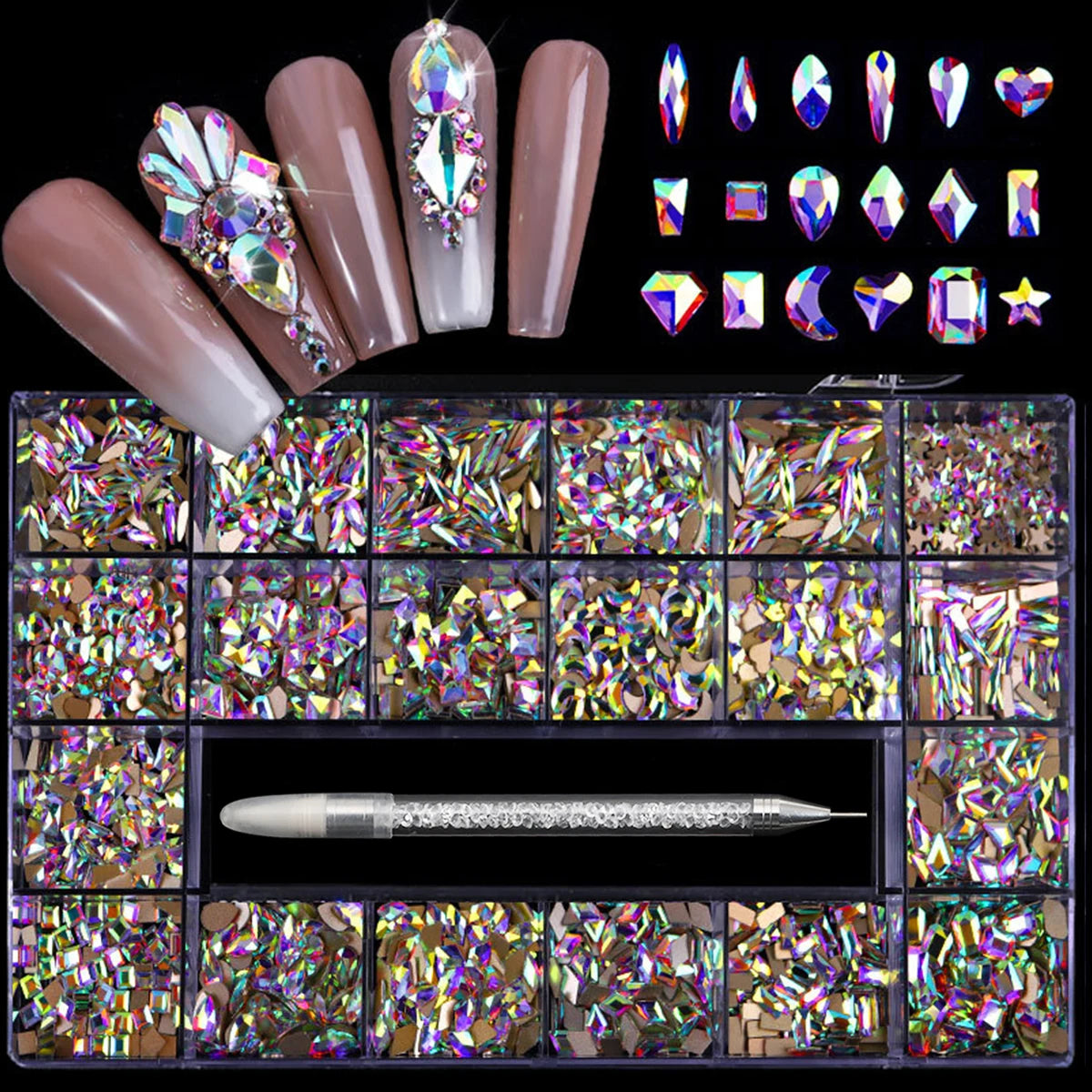 21 grid nail art diamond flat bottom glass diamond multi-style special-shaped diamond shiny nail rhinestone DIY nail art jewelry