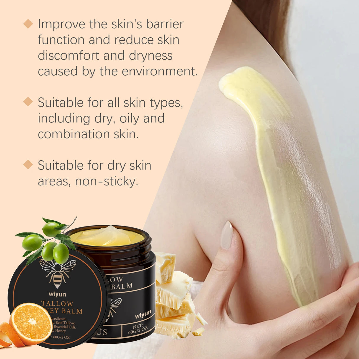 Organic Grass-fed Tallow Cream Relieves Dryness Calms Visible Redness Eczma Softens Rough Cracked Dewy Glow Barrier Repair Cream