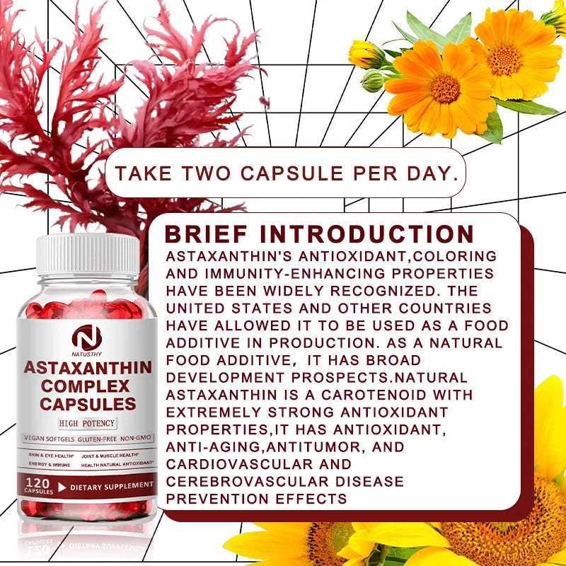 Astaxanthin Complex Capsules 12mg for Brain, Heart, Joint Bone, Eye, Skin, Immune System Health