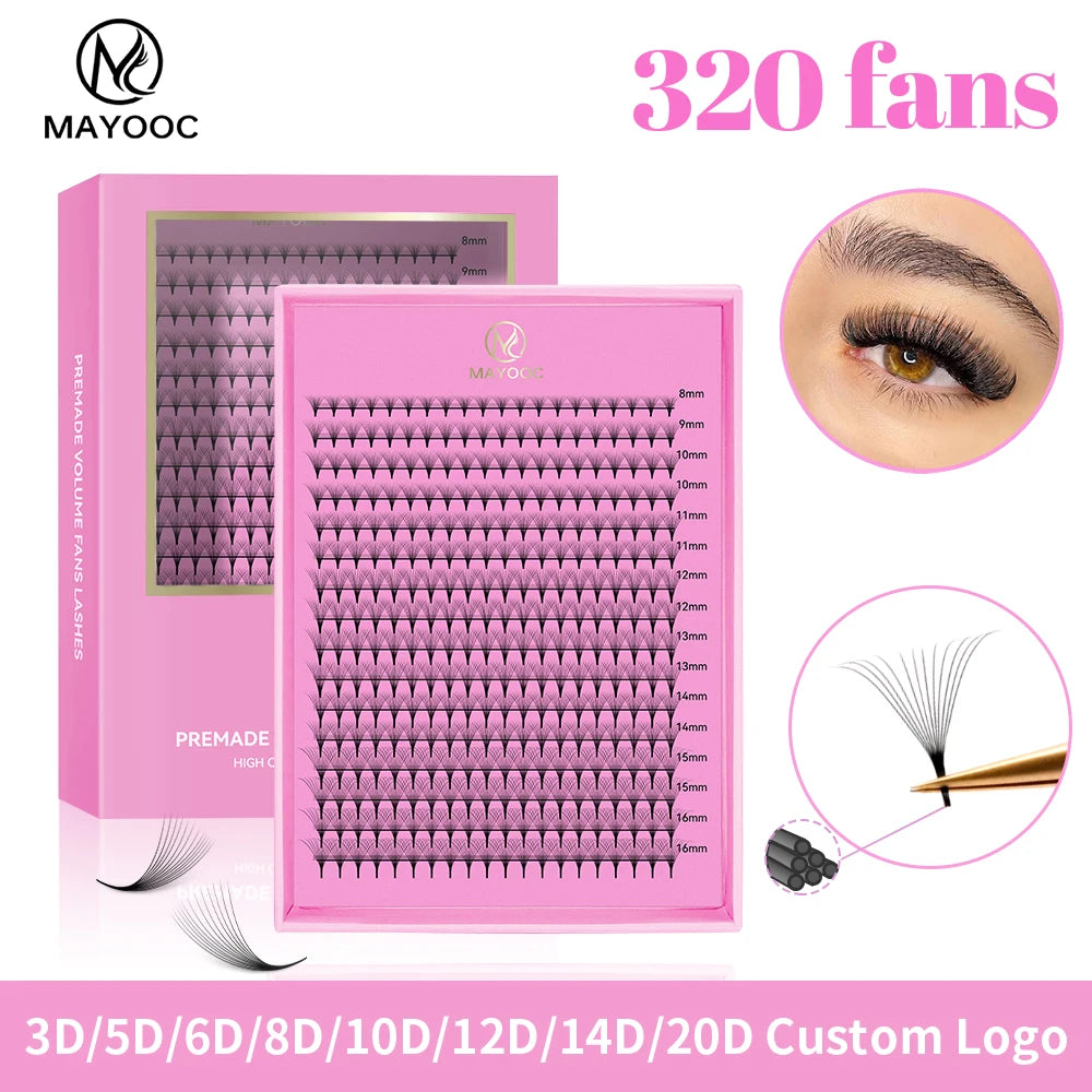MAYOOC 320 Fans Premade Volume Fans Pointy Base Medium Stem Sharp Thin PreMade Russian Volume Fan Eyelash Extensions Custom Logo
