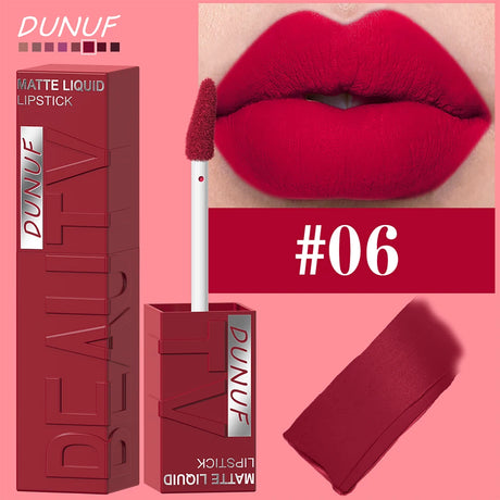 DUNUF 8-Color Matte Velvet Smooth Easy-to-Apply Square Tube Lip Gloss Waterproof Three-Dimensional Plumping Lipstick
