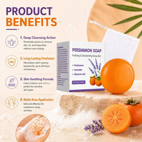 Persimmon Soap Bar for Body Odor Control, Japanese Persimmon & Lavender Extract for Unisex, Purifying & Deodorizing Soap, 100g