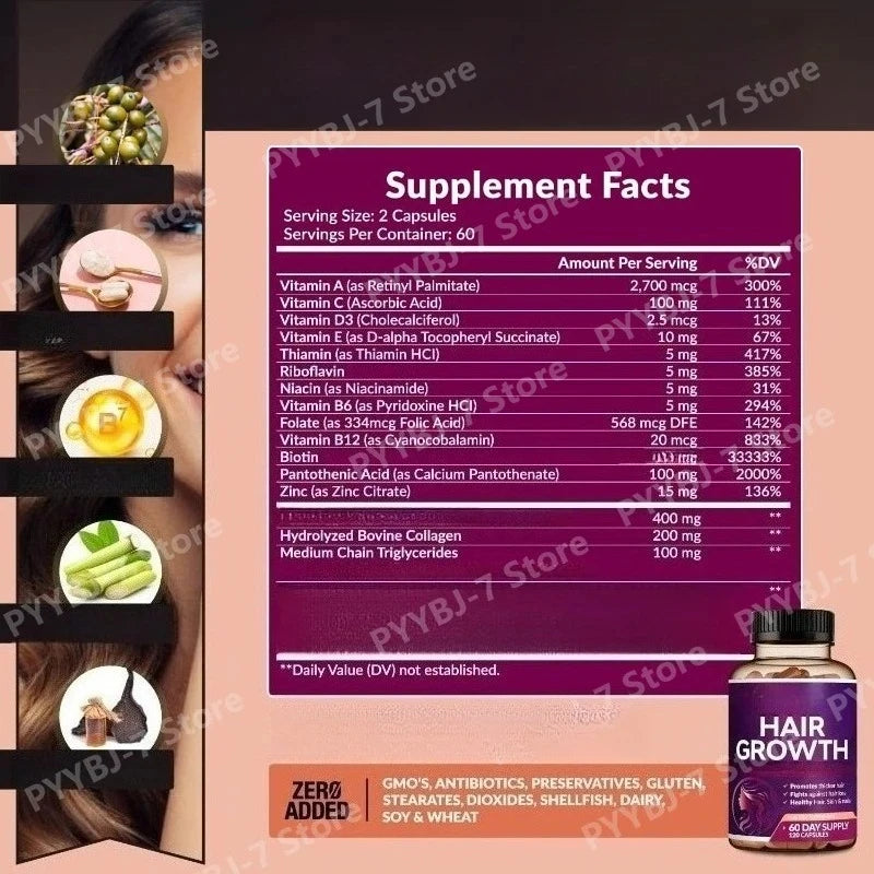 Biotin Collagen Hair Growth Supplement with Vitamins A C D3 E B12 Zinc Supports hair wellness appearance for Women