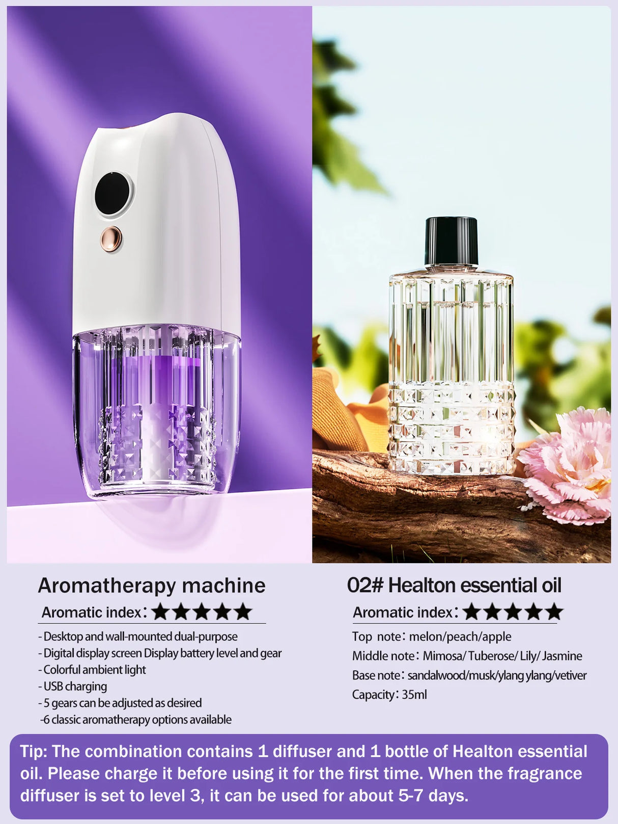 Multi-functional rechargeable portable aroma diffuser essential oil diffuser timer air freshener car home living room bathroom