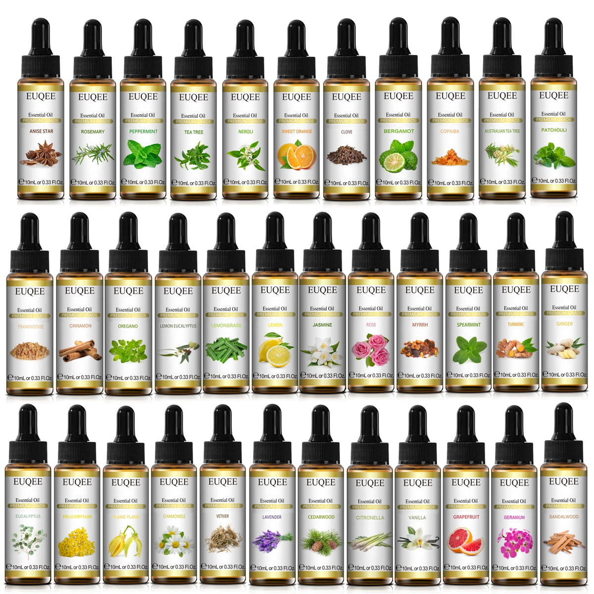 EUQEE 10ml Pure Essential Oil Peppermint Palo Santo Bergamot Eucalyptus Lavender Cinnamon Cedarwood Aromatherapy Essential Oils