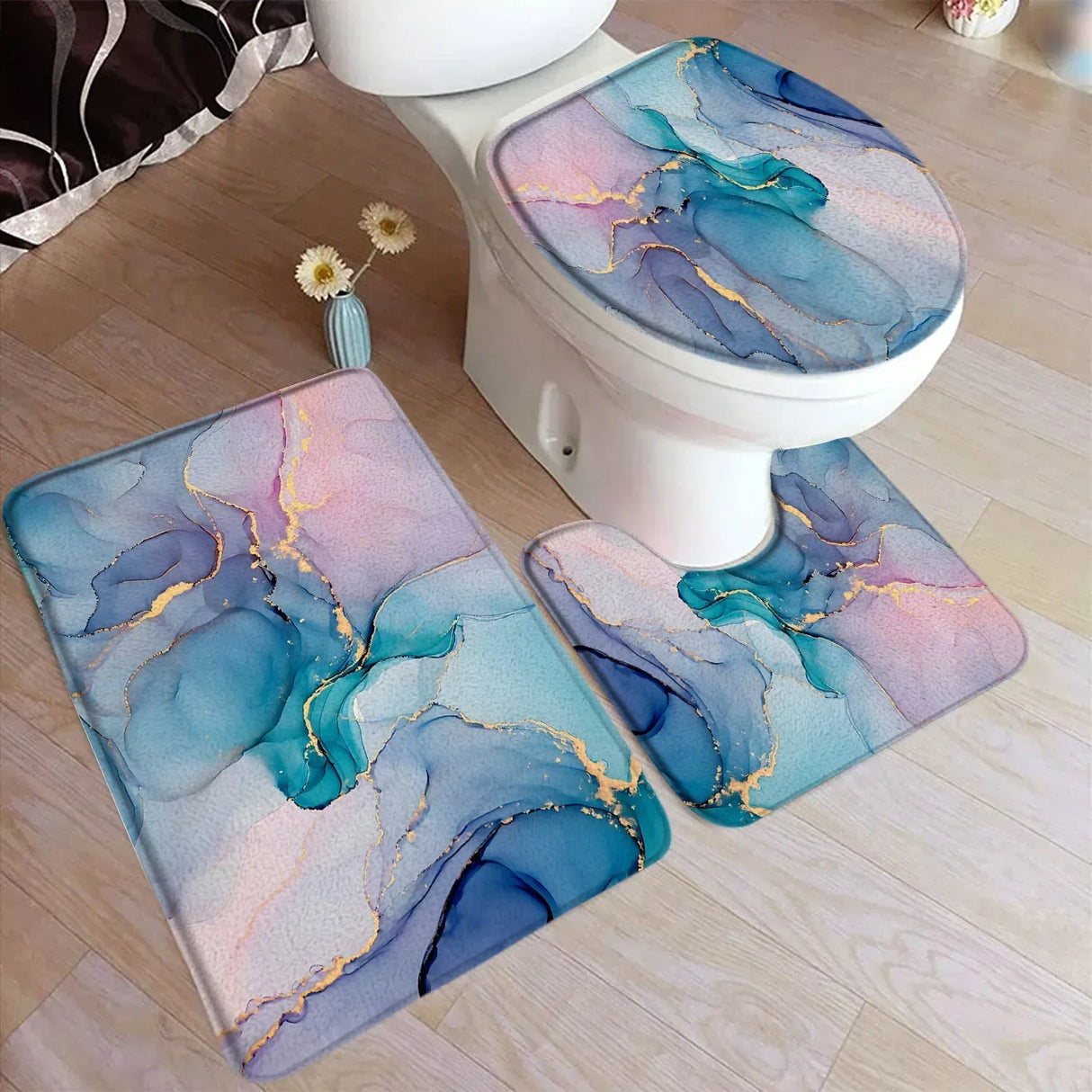Abstract Turquoise Marble Bath Mat Set Modern Ink Art Textured Pattern Home Carpet Bathroom Decor Floor Rugs Toilet Lid Cover