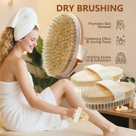 Wet Dry Skin Body Brush Natural Pig Bristles Dry Skin Exfoliating Body Massage Cleaning SPA Tool For Cellulite Lymphatic Drainag
