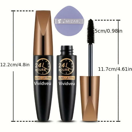 2PCS Waterproof Fiber Mascara + puff, providing curl and volume, long-lasting black formula, waterproof, smudge-resistant, non-s